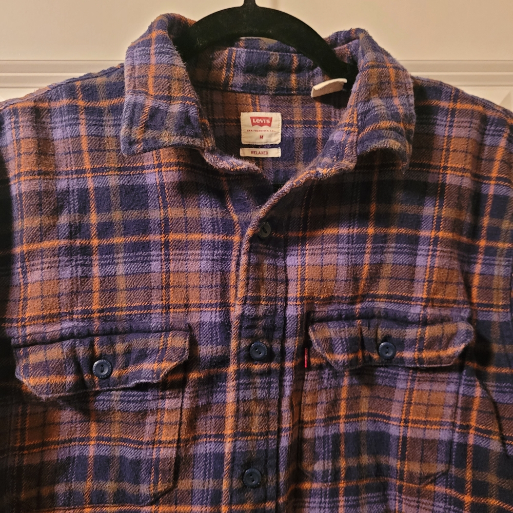 Levi's Relaxed Fit Flannel Shirt Adult Sz M Brown Blue Plaid Heavyweight Grunge